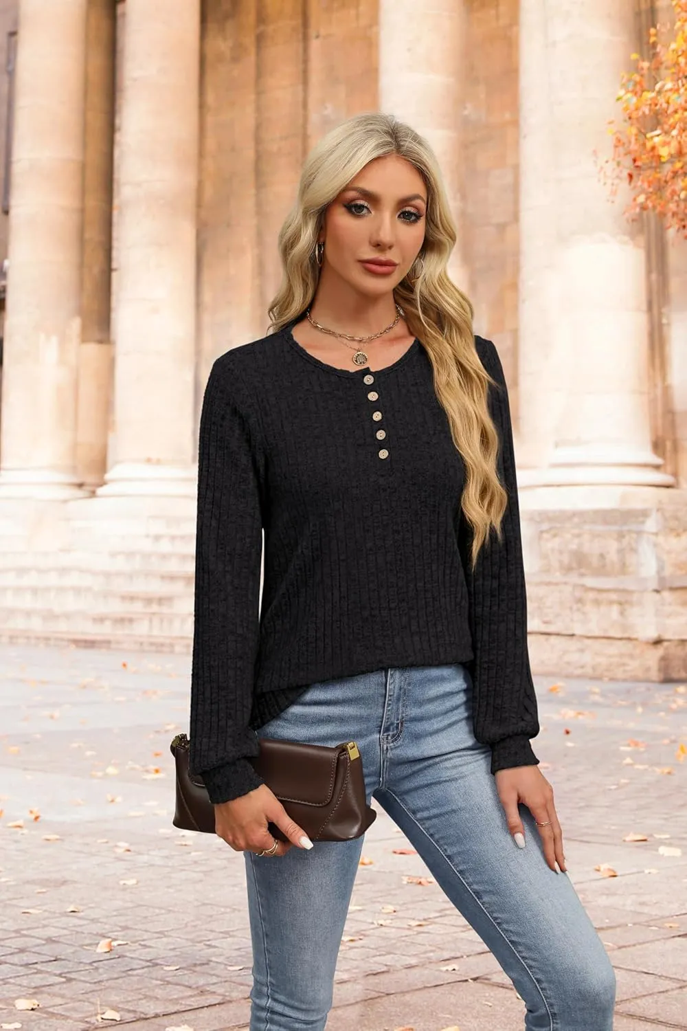 XIEERDUO Sweater for Women Long Sleeve Henley Shirts Tunic Tops to Wear with Leggings crew neck Sweaters Trendy 2024
