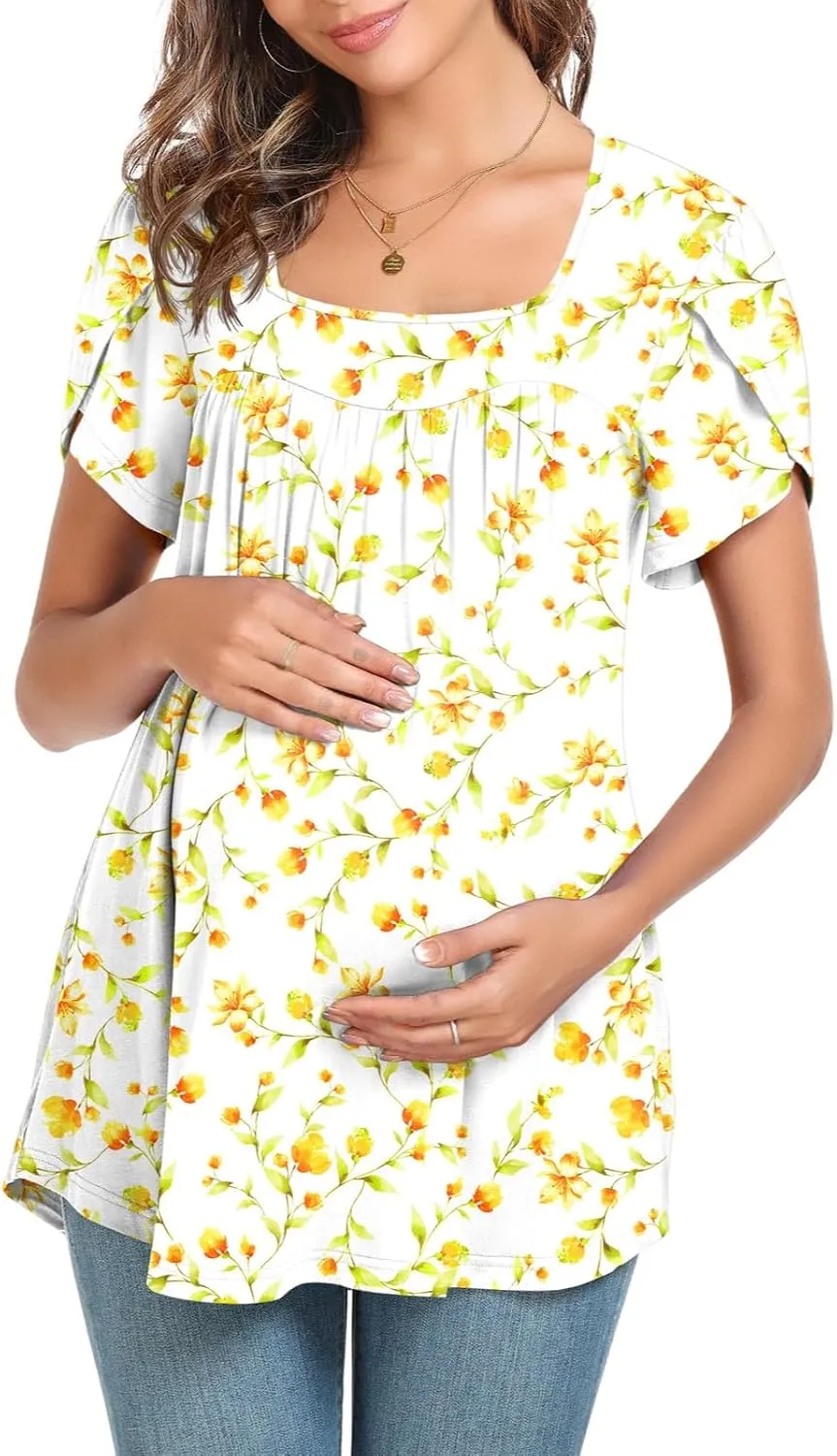 Xpenyo Womens Tops Casual Summer Square Neck Short Sleeve Tunic Shirts Hide Belly Loose Flowy Tunic Blouses