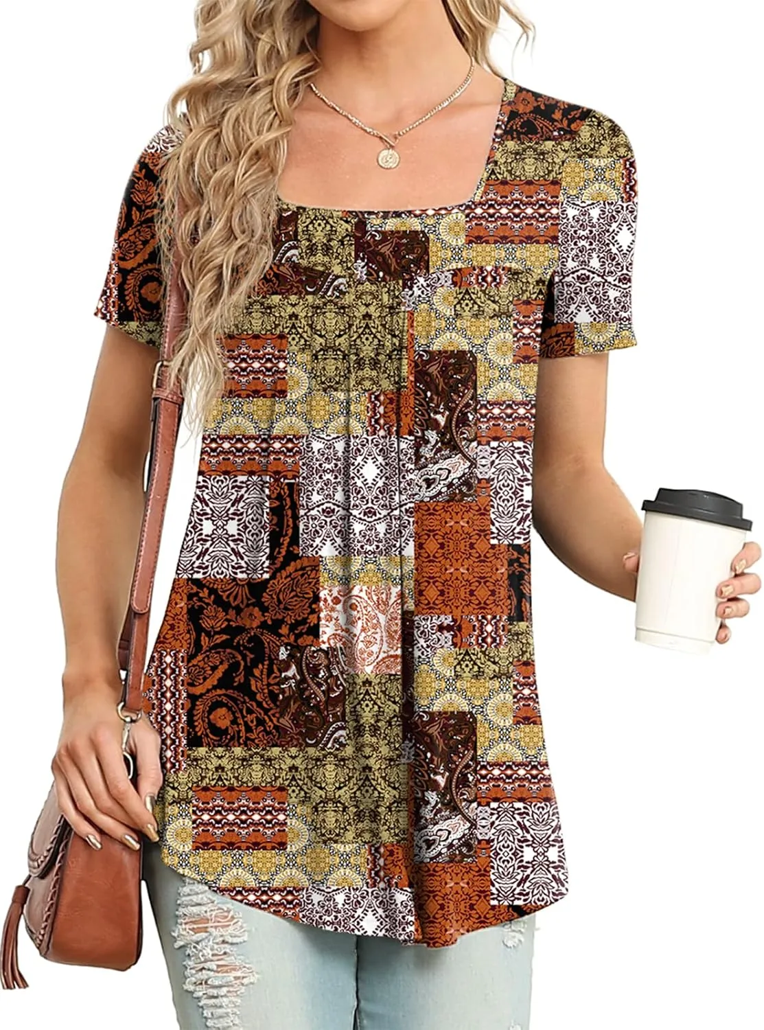 Xpenyo Womens Tops Casual Summer Square Neck Short Sleeve Tunic Shirts Hide Belly Loose Flowy Tunic Blouses