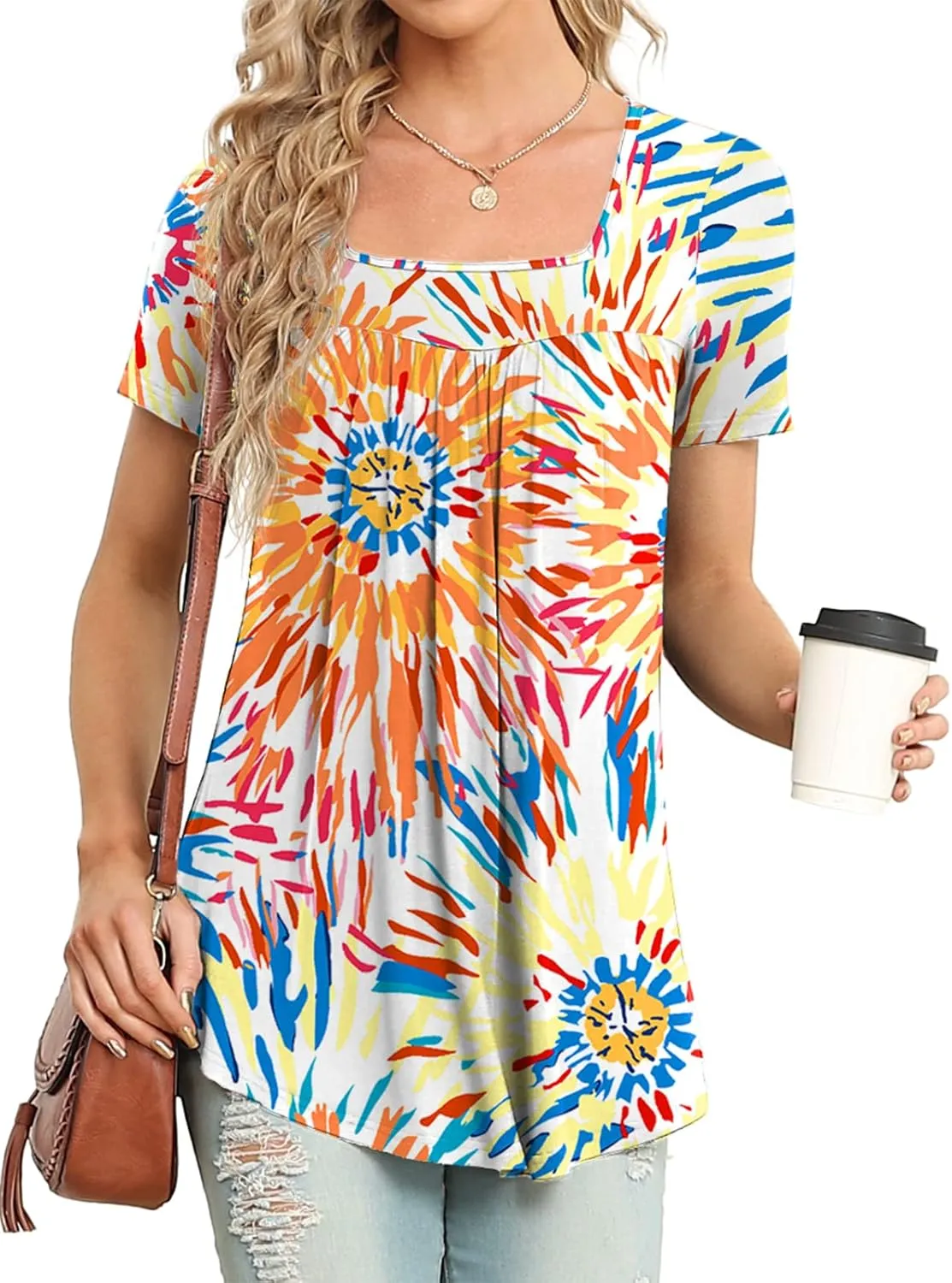 Xpenyo Womens Tops Casual Summer Square Neck Short Sleeve Tunic Shirts Hide Belly Loose Flowy Tunic Blouses