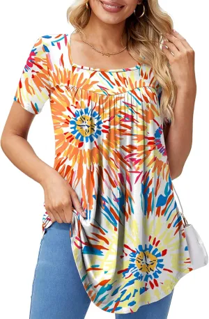 Xpenyo Womens Tops Casual Summer Square Neck Short Sleeve Tunic Shirts Hide Belly Loose Flowy Tunic Blouses
