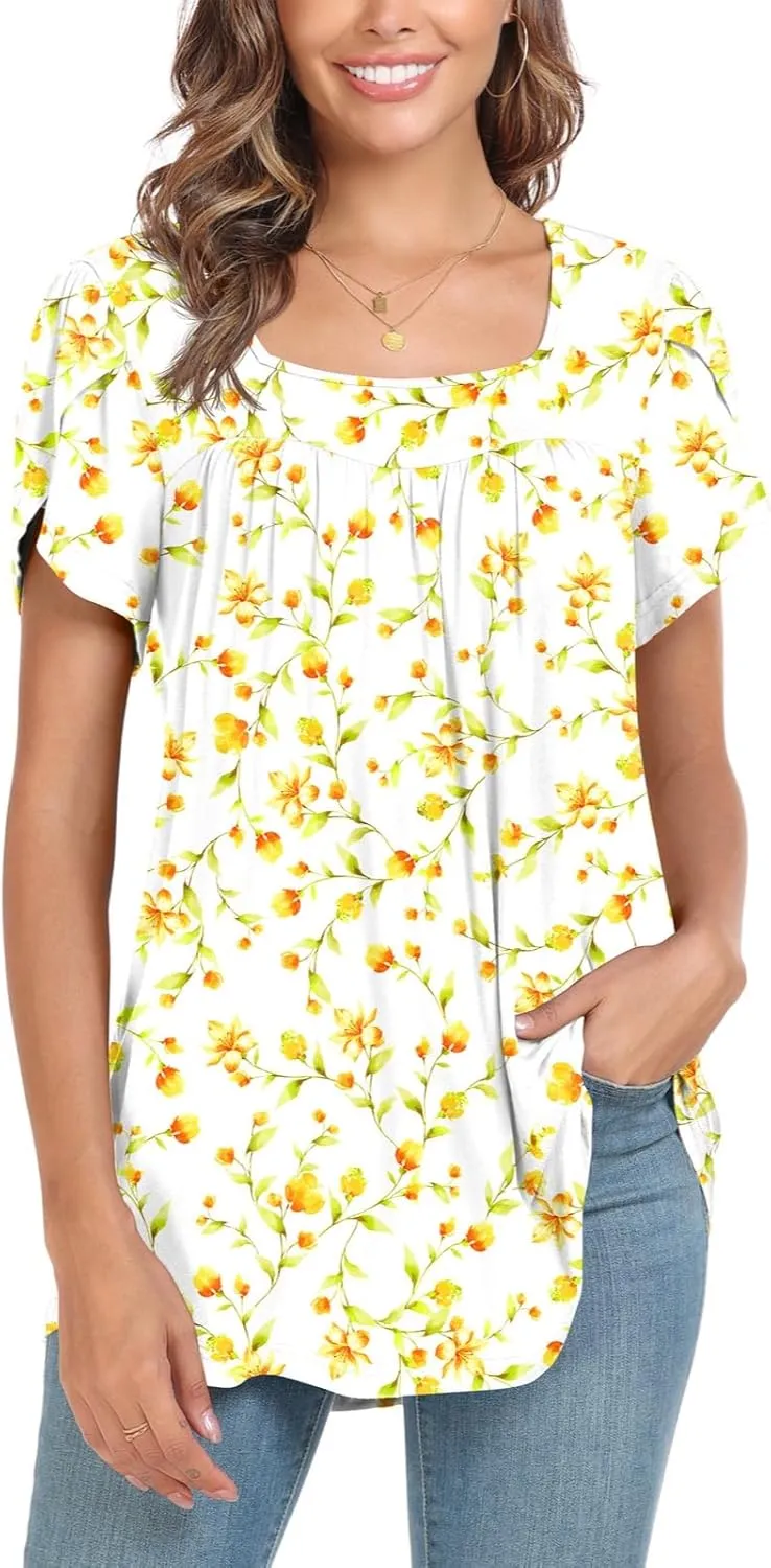 Xpenyo Womens Tops Casual Summer Square Neck Short Sleeve Tunic Shirts Hide Belly Loose Flowy Tunic Blouses