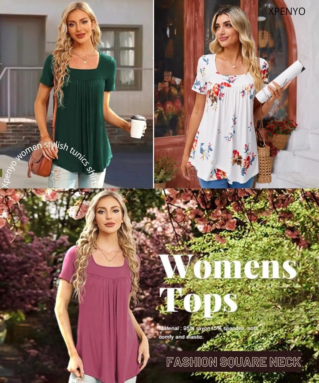 Xpenyo Womens Tops Casual Summer Square Neck Short Sleeve Tunic Shirts Hide Belly Loose Flowy Tunic Blouses
