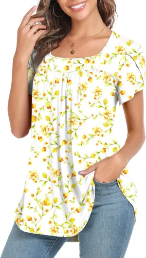 Xpenyo Womens Tops Casual Summer Square Neck Short Sleeve Tunic Shirts Hide Belly Loose Flowy Tunic Blouses