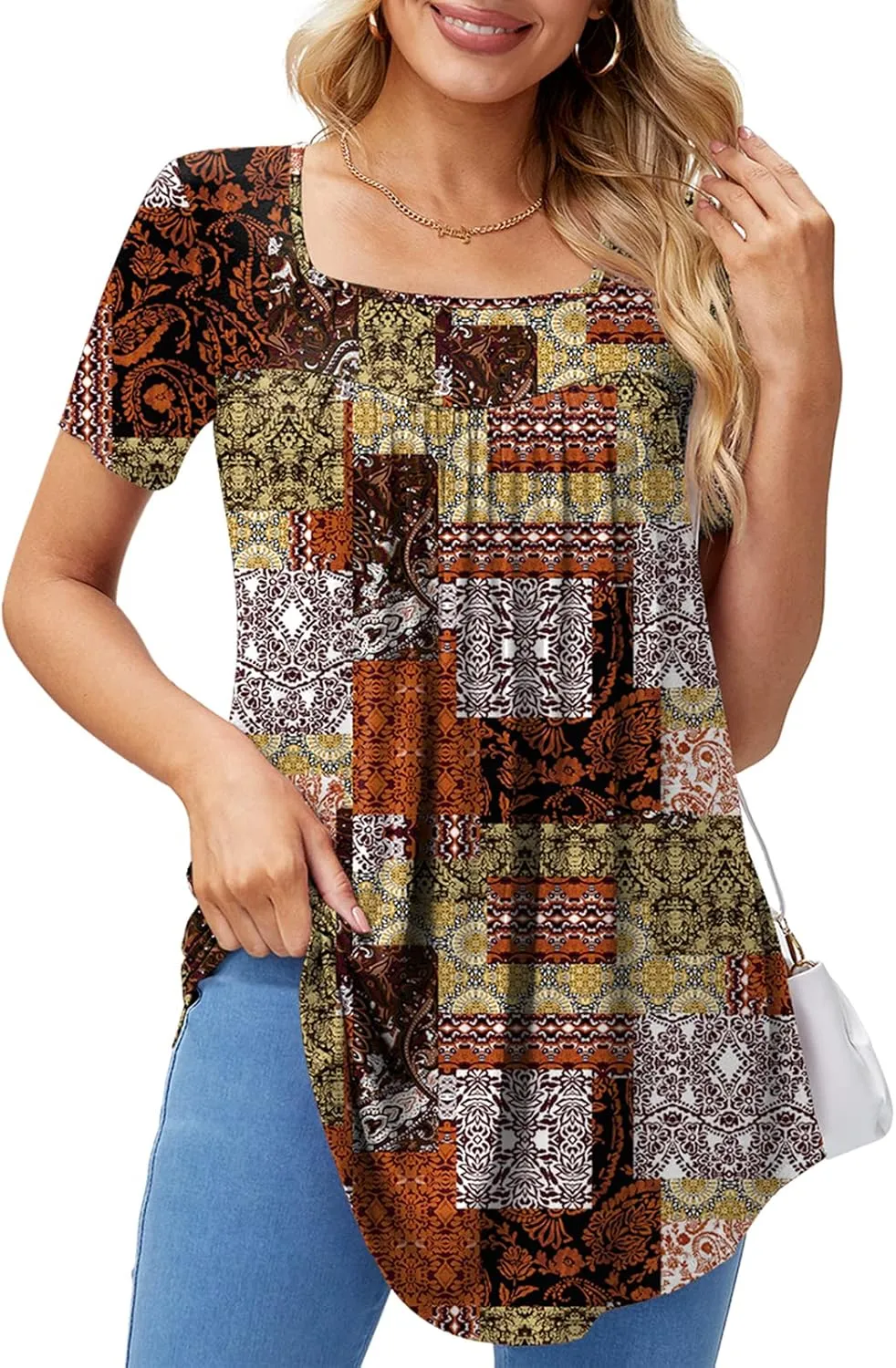 Xpenyo Womens Tops Casual Summer Square Neck Short Sleeve Tunic Shirts Hide Belly Loose Flowy Tunic Blouses