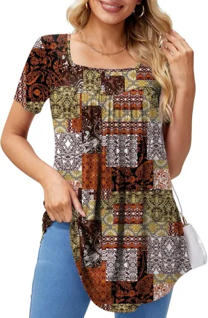 Xpenyo Womens Tops Casual Summer Square Neck Short Sleeve Tunic Shirts Hide Belly Loose Flowy Tunic Blouses
