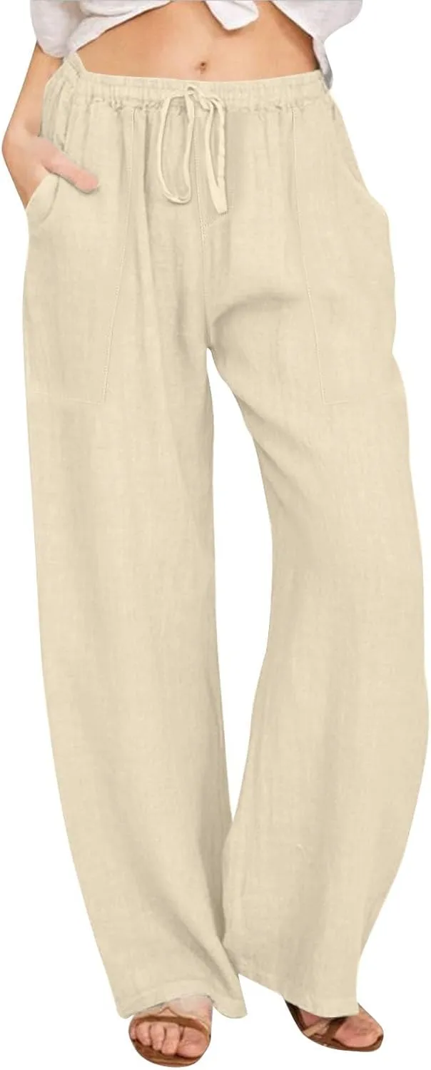 Yoga Pants for Women Low Rise Work Straight Leg Summer, Palazzo Pants for Women Linen Cotton Plus Size Trousers