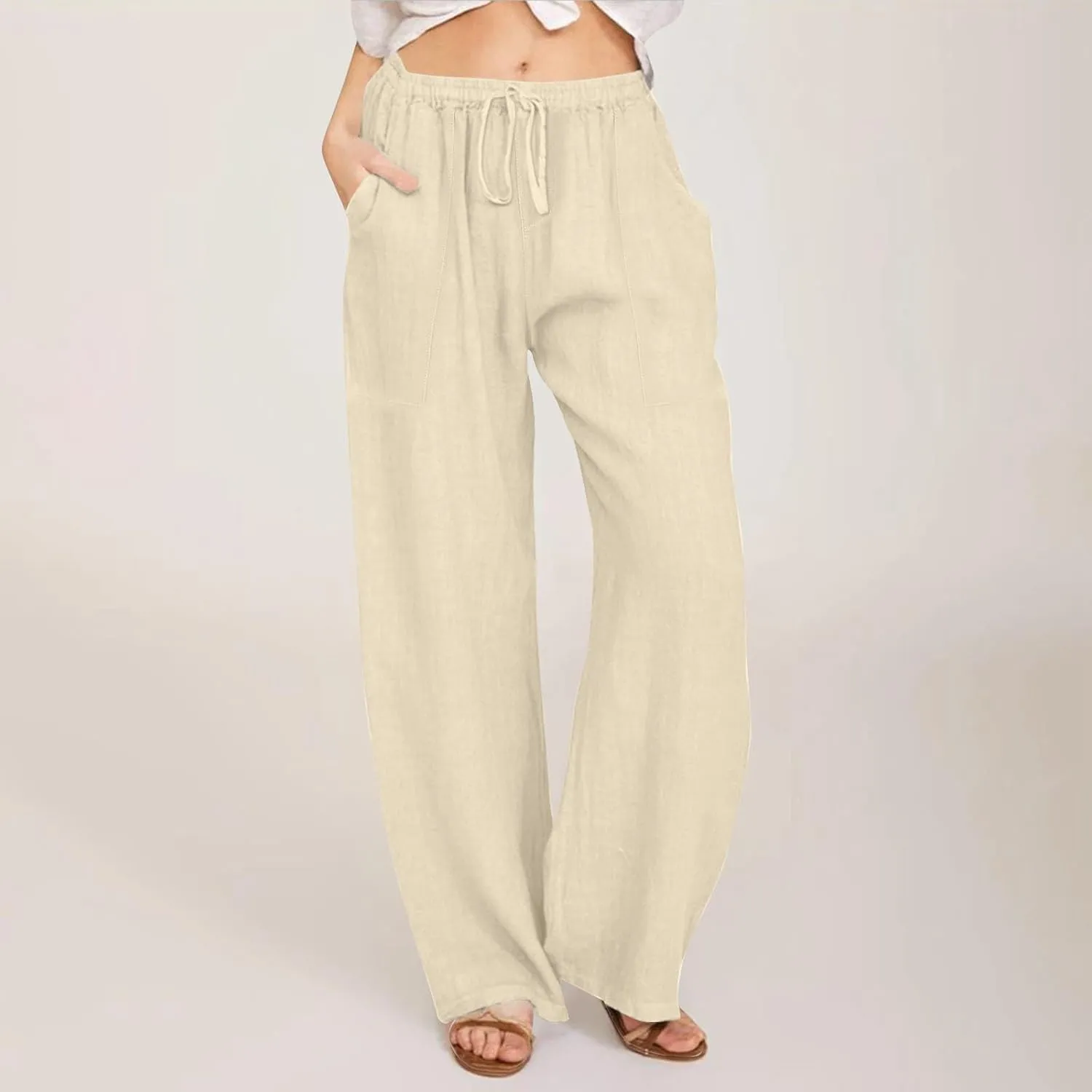 Yoga Pants for Women Low Rise Work Straight Leg Summer, Palazzo Pants for Women Linen Cotton Plus Size Trousers