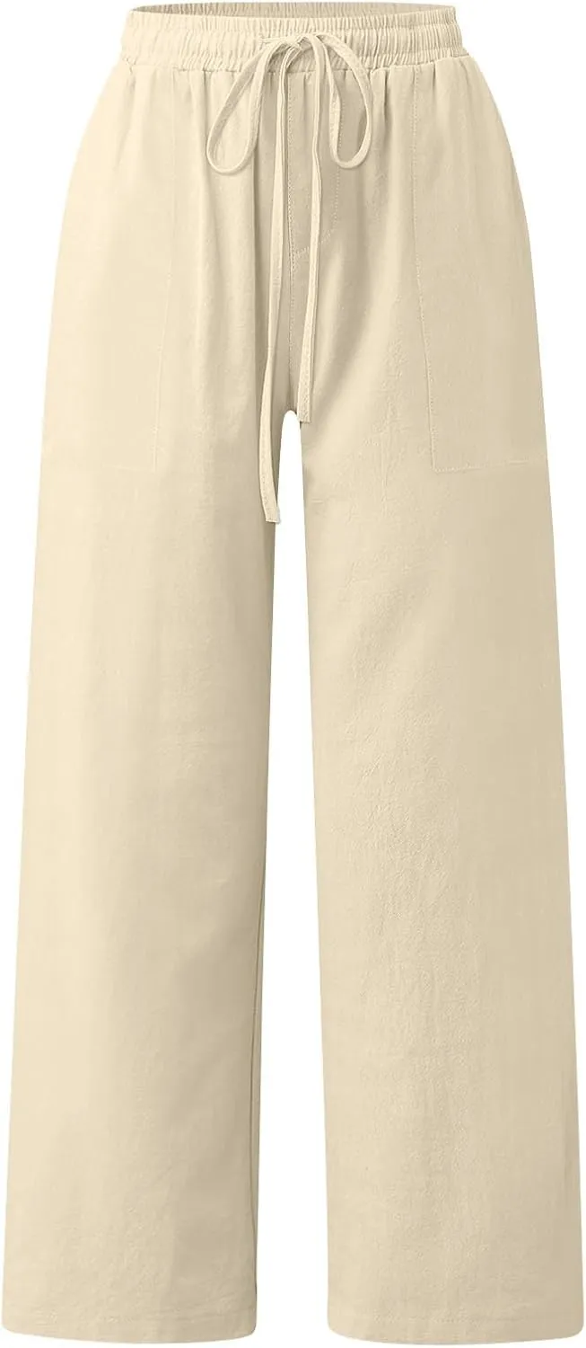 Yoga Pants for Women Low Rise Work Straight Leg Summer, Palazzo Pants for Women Linen Cotton Plus Size Trousers