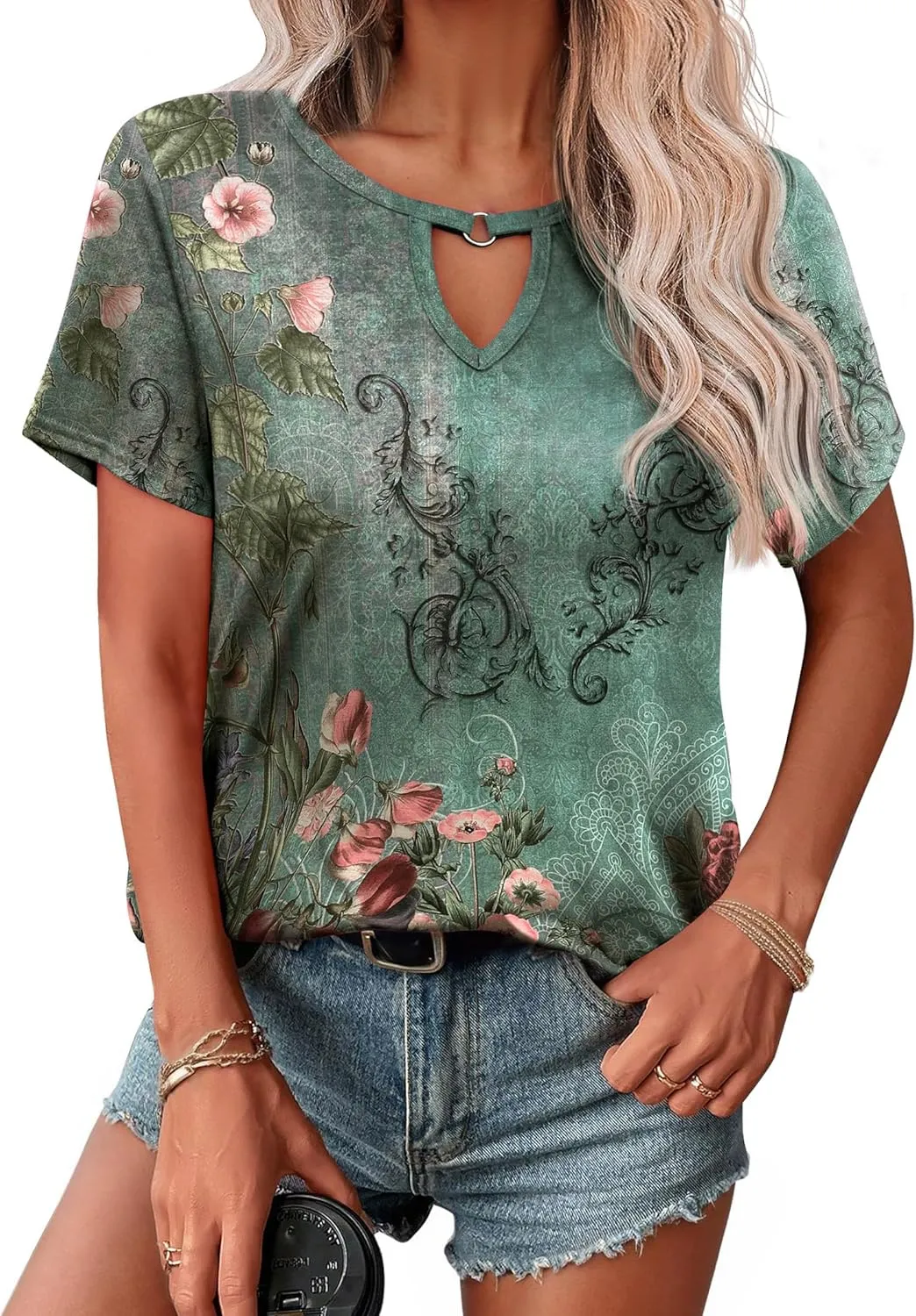 Zeagoo T Shirts Women American Flag Tops 4th of July Short Sleeve Key Hole V-Neck Country Music Tees