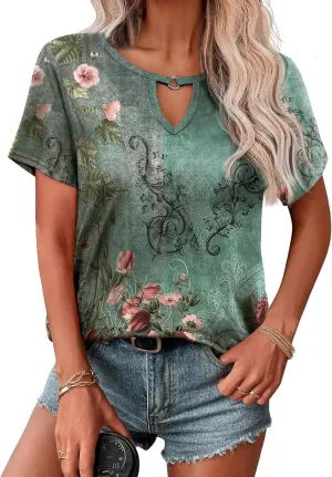 Zeagoo T Shirts Women American Flag Tops 4th of July Short Sleeve Key Hole V-Neck Country Music Tees