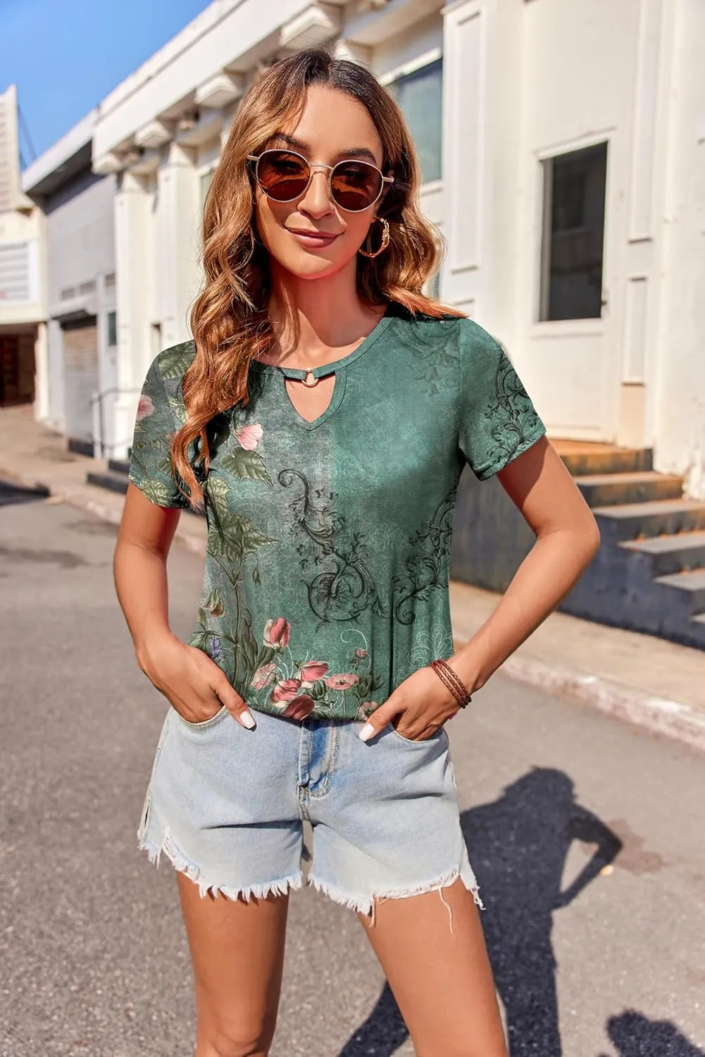 Zeagoo T Shirts Women American Flag Tops 4th of July Short Sleeve Key Hole V-Neck Country Music Tees