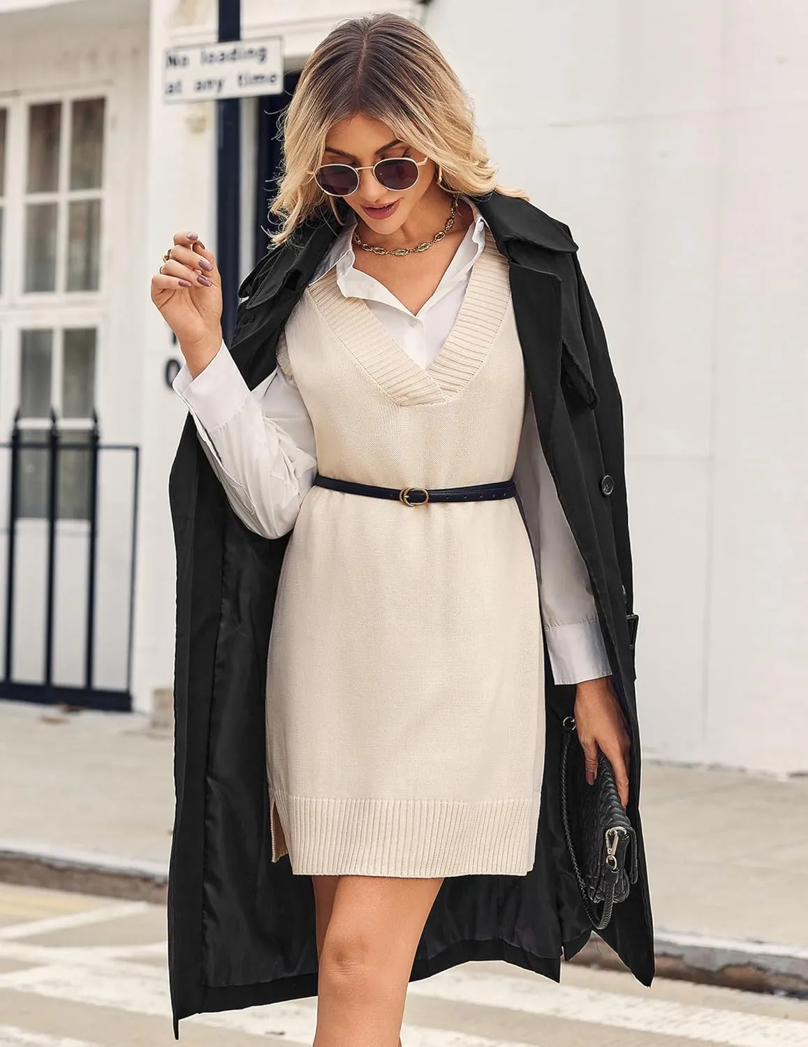 Zeagoo Women's Oversized Sweater Vest Dress V Neck Knit Pullover Sweater Vest Sleeveless Sweater Loose Casual Vest Dress