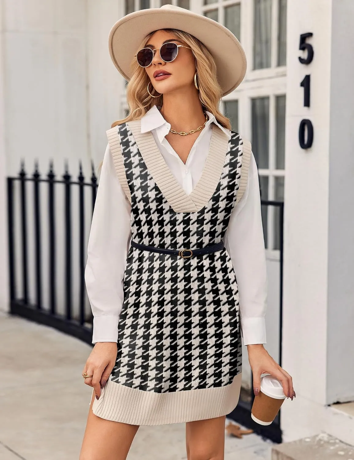 Zeagoo Women's Oversized Sweater Vest Dress V Neck Knit Pullover Sweater Vest Sleeveless Sweater Loose Casual Vest Dress