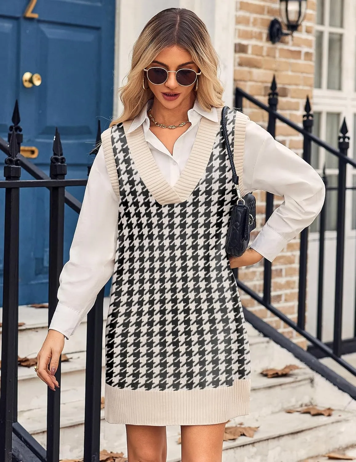 Zeagoo Women's Oversized Sweater Vest Dress V Neck Knit Pullover Sweater Vest Sleeveless Sweater Loose Casual Vest Dress
