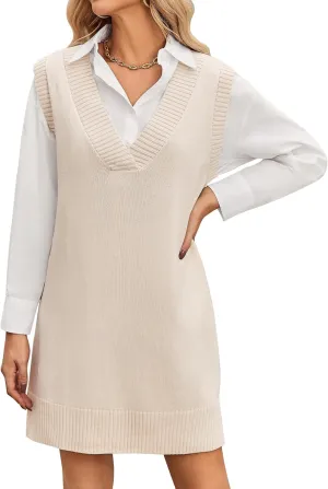 Zeagoo Women's Oversized Sweater Vest Dress V Neck Knit Pullover Sweater Vest Sleeveless Sweater Loose Casual Vest Dress