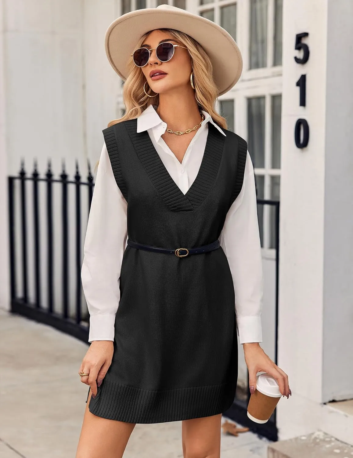 Zeagoo Women's Oversized Sweater Vest Dress V Neck Knit Pullover Sweater Vest Sleeveless Sweater Loose Casual Vest Dress