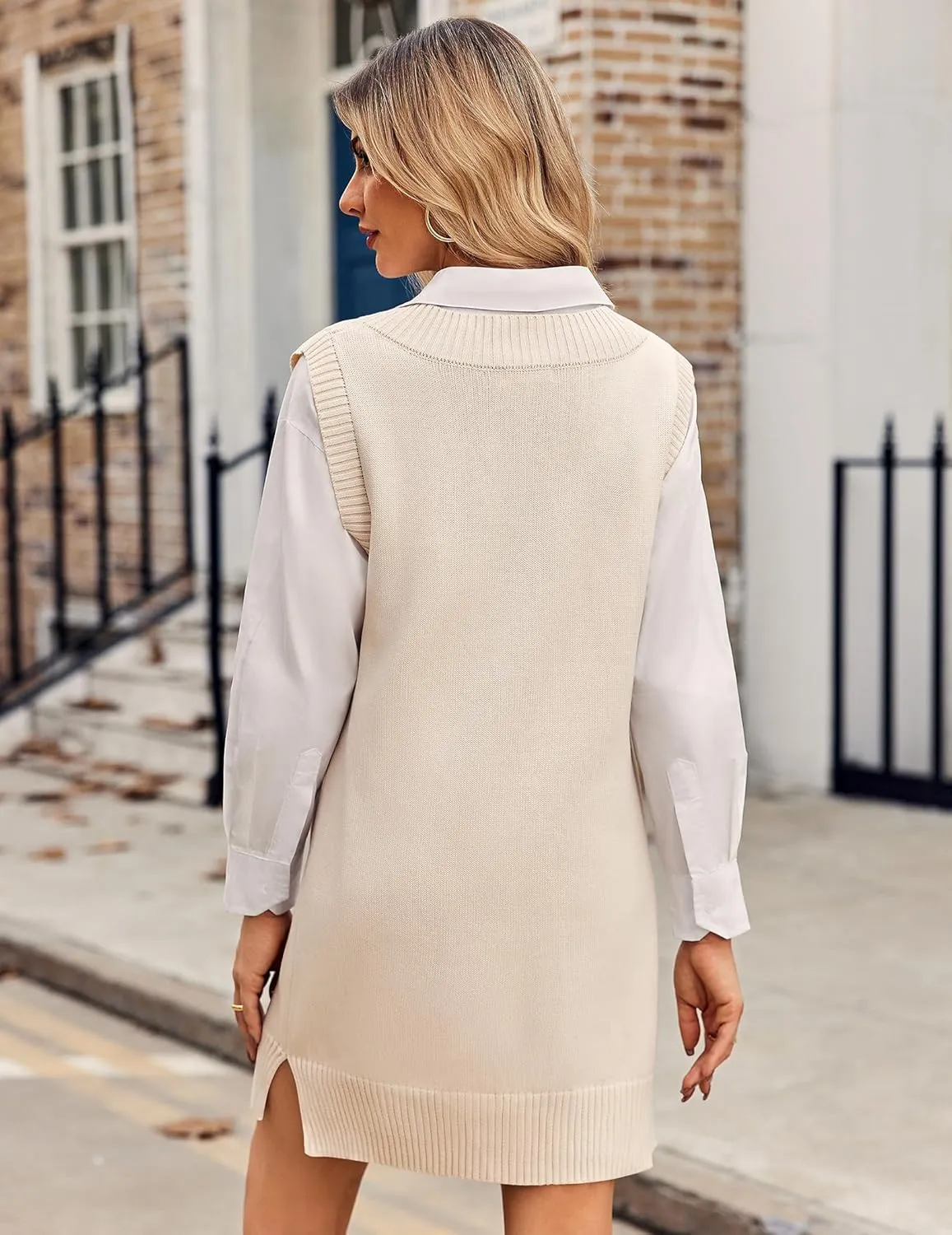 Zeagoo Women's Oversized Sweater Vest Dress V Neck Knit Pullover Sweater Vest Sleeveless Sweater Loose Casual Vest Dress