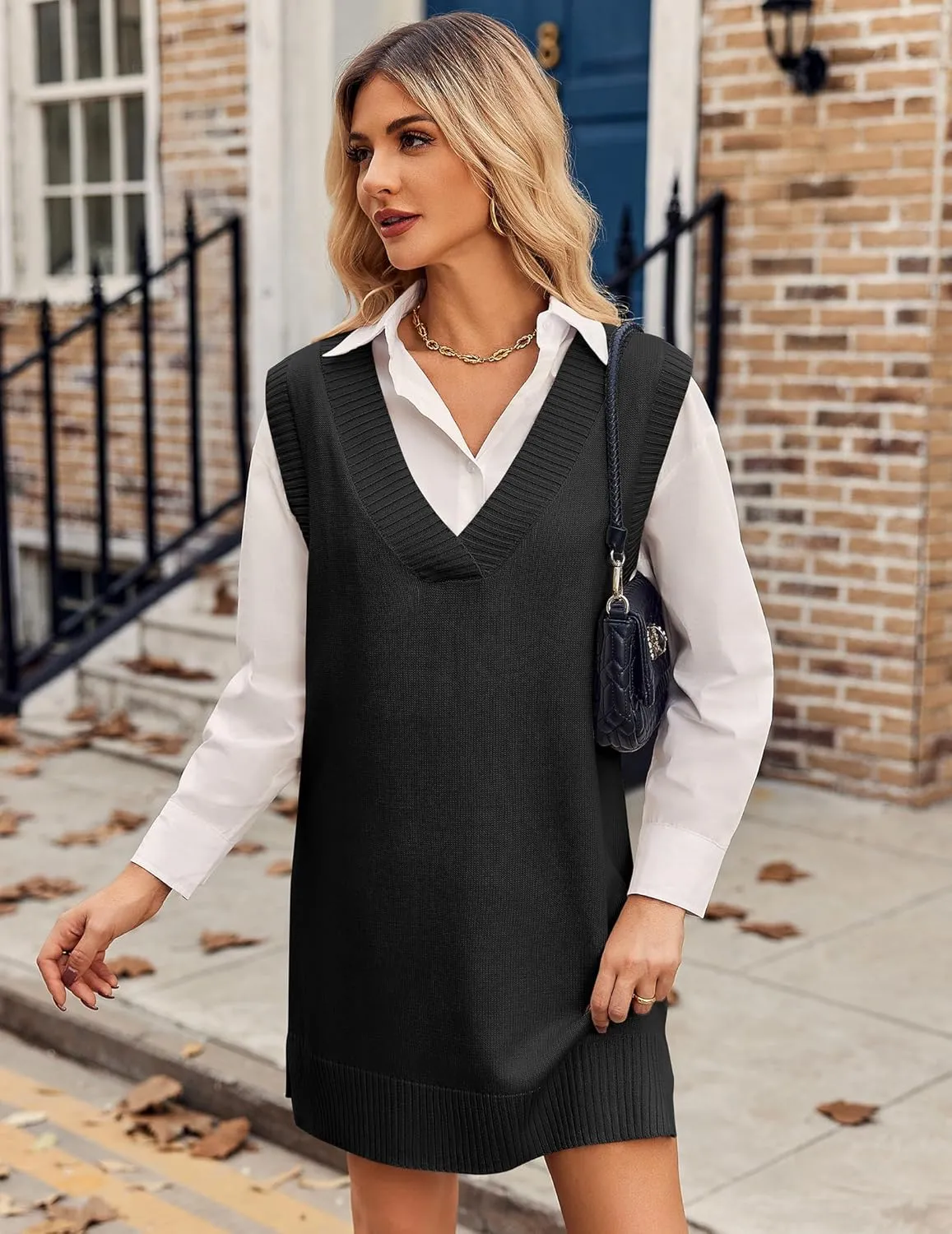 Zeagoo Women's Oversized Sweater Vest Dress V Neck Knit Pullover Sweater Vest Sleeveless Sweater Loose Casual Vest Dress